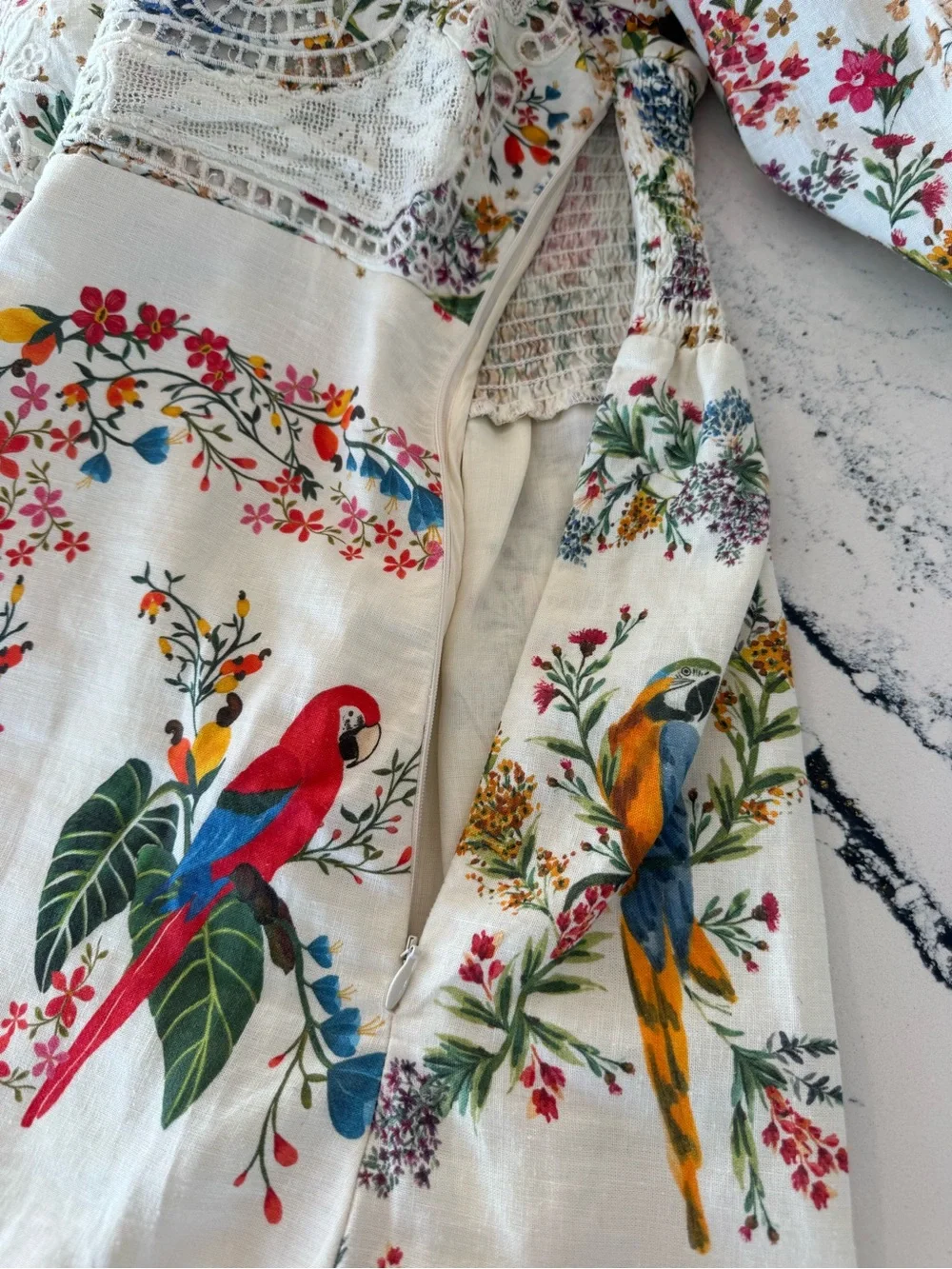 FARM Rio RARE White Floral Lace Dress with Multicolor Tropical Print Size Small